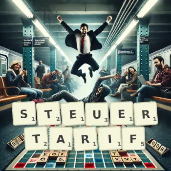 Kreative Illustration für ein Scrabble-Spiel, bei dem das Wort STEUERTARIF mit Steinen auf dem Brett gelegt wurde.