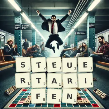 Kreative Illustration für ein Scrabble-Spiel, bei dem das Wort STEUERTARIFEN mit Steinen auf dem Brett gelegt wurde.