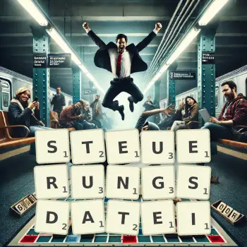 Kreative Illustration für ein Scrabble-Spiel, bei dem das Wort STEUERUNGSDATEI mit Steinen auf dem Brett gelegt wurde.