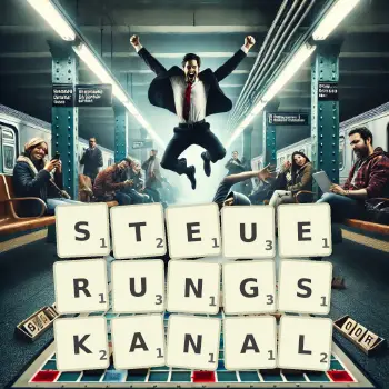 Kreative Illustration für ein Scrabble-Spiel, bei dem das Wort STEUERUNGSKANAL mit Steinen auf dem Brett gelegt wurde.