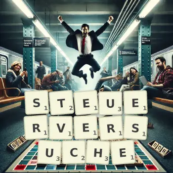 Kreative Illustration für ein Scrabble-Spiel, bei dem das Wort STEUERVERSUCHE mit Steinen auf dem Brett gelegt wurde.