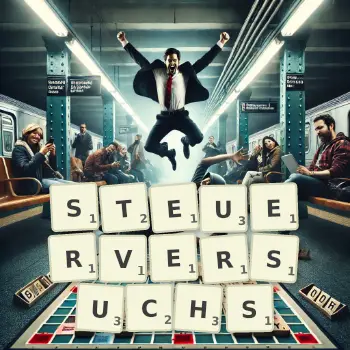 Kreative Illustration für ein Scrabble-Spiel, bei dem das Wort STEUERVERSUCHS mit Steinen auf dem Brett gelegt wurde.