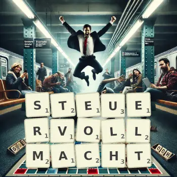 Kreative Illustration für ein Scrabble-Spiel, bei dem das Wort STEUERVOLLMACHT mit Steinen auf dem Brett gelegt wurde.