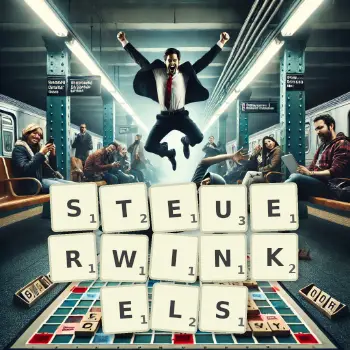 Kreative Illustration für ein Scrabble-Spiel, bei dem das Wort STEUERWINKELS mit Steinen auf dem Brett gelegt wurde.