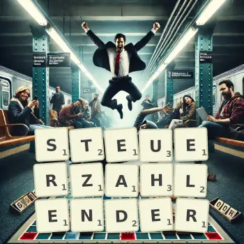 Kreative Illustration für ein Scrabble-Spiel, bei dem das Wort STEUERZAHLENDER mit Steinen auf dem Brett gelegt wurde.