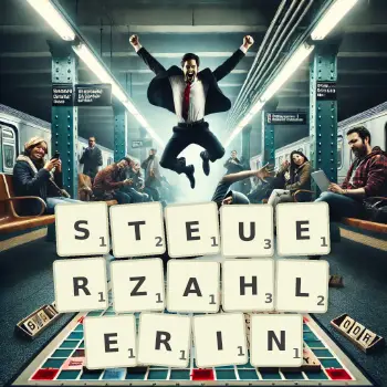 Kreative Illustration für ein Scrabble-Spiel, bei dem das Wort STEUERZAHLERIN mit Steinen auf dem Brett gelegt wurde.