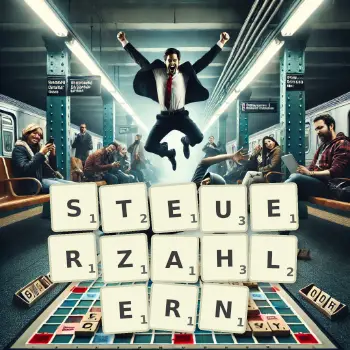 Kreative Illustration für ein Scrabble-Spiel, bei dem das Wort STEUERZAHLERN mit Steinen auf dem Brett gelegt wurde.