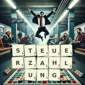 Kreative Illustration für ein Scrabble-Spiel, bei dem das Wort STEUERZAHLUNG mit Steinen auf dem Brett gelegt wurde.