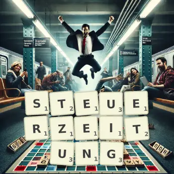 Kreative Illustration für ein Scrabble-Spiel, bei dem das Wort STEUERZEITUNG mit Steinen auf dem Brett gelegt wurde.