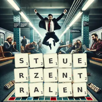 Kreative Illustration für ein Scrabble-Spiel, bei dem das Wort STEUERZENTRALEN mit Steinen auf dem Brett gelegt wurde.