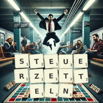 Kreative Illustration für ein Scrabble-Spiel, bei dem das Wort STEUERZETTELN mit Steinen auf dem Brett gelegt wurde.