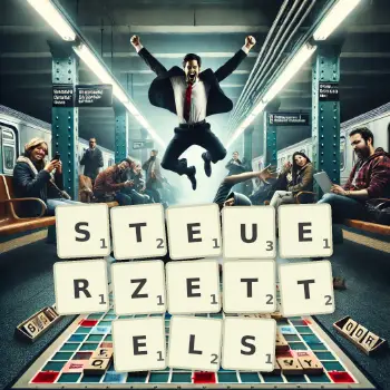 Kreative Illustration für ein Scrabble-Spiel, bei dem das Wort STEUERZETTELS mit Steinen auf dem Brett gelegt wurde.