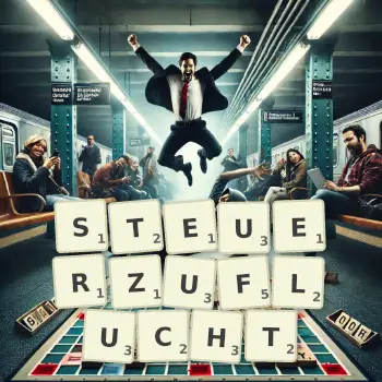 Kreative Illustration für ein Scrabble-Spiel, bei dem das Wort STEUERZUFLUCHT mit Steinen auf dem Brett gelegt wurde.