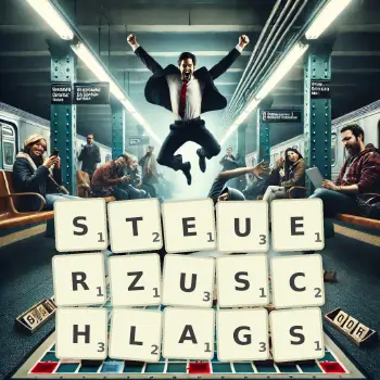 Kreative Illustration für ein Scrabble-Spiel, bei dem das Wort STEUERZUSCHLAGS mit Steinen auf dem Brett gelegt wurde.