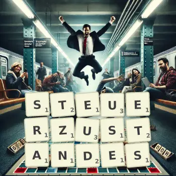 Kreative Illustration für ein Scrabble-Spiel, bei dem das Wort STEUERZUSTANDES mit Steinen auf dem Brett gelegt wurde.