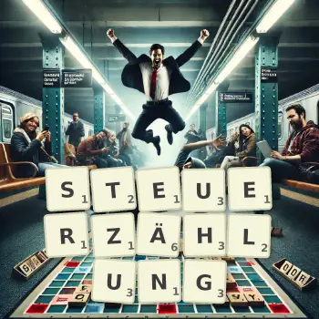 Kreative Illustration für ein Scrabble-Spiel, bei dem das Wort STEUERZÄHLUNG mit Steinen auf dem Brett gelegt wurde.