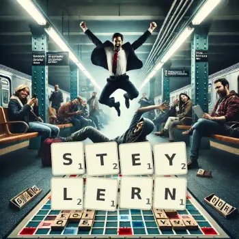 Kreative Illustration für ein Scrabble-Spiel, bei dem das Wort STEYLERN mit Steinen auf dem Brett gelegt wurde.