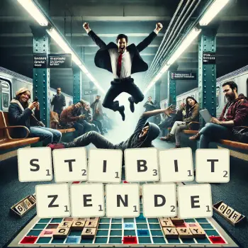 Kreative Illustration für ein Scrabble-Spiel, bei dem das Wort STIBITZENDE mit Steinen auf dem Brett gelegt wurde.