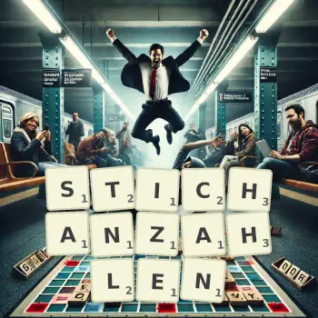 Kreative Illustration für ein Scrabble-Spiel, bei dem das Wort STICHANZAHLEN mit Steinen auf dem Brett gelegt wurde.