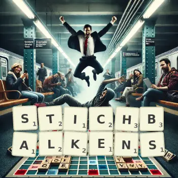 Kreative Illustration für ein Scrabble-Spiel, bei dem das Wort STICHBALKENS mit Steinen auf dem Brett gelegt wurde.