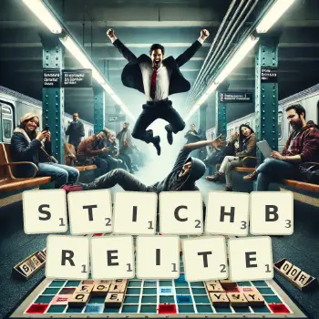 Kreative Illustration für ein Scrabble-Spiel, bei dem das Wort STICHBREITE mit Steinen auf dem Brett gelegt wurde.