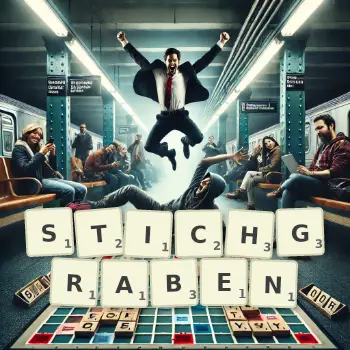 Kreative Illustration für ein Scrabble-Spiel, bei dem das Wort STICHGRABEN mit Steinen auf dem Brett gelegt wurde.