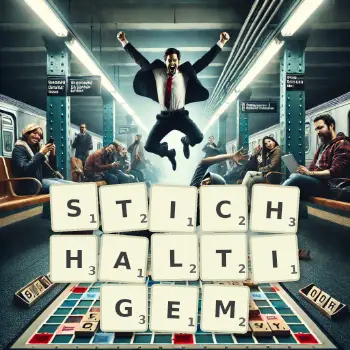 Kreative Illustration für ein Scrabble-Spiel, bei dem das Wort STICHHALTIGEM mit Steinen auf dem Brett gelegt wurde.