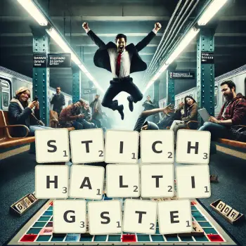 Kreative Illustration für ein Scrabble-Spiel, bei dem das Wort STICHHALTIGSTE mit Steinen auf dem Brett gelegt wurde.