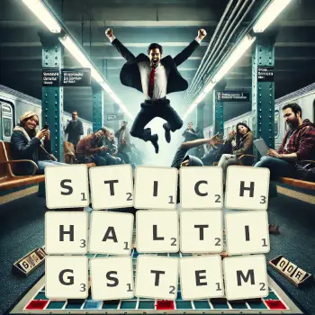 Kreative Illustration für ein Scrabble-Spiel, bei dem das Wort STICHHALTIGSTEM mit Steinen auf dem Brett gelegt wurde.