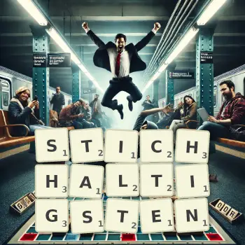 Kreative Illustration für ein Scrabble-Spiel, bei dem das Wort STICHHALTIGSTEN mit Steinen auf dem Brett gelegt wurde.