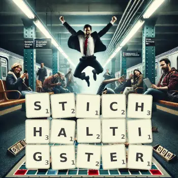 Kreative Illustration für ein Scrabble-Spiel, bei dem das Wort STICHHALTIGSTER mit Steinen auf dem Brett gelegt wurde.