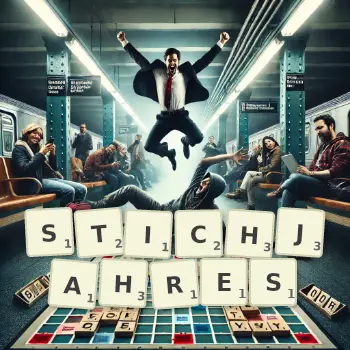 Kreative Illustration für ein Scrabble-Spiel, bei dem das Wort STICHJAHRES mit Steinen auf dem Brett gelegt wurde.