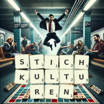 Kreative Illustration für ein Scrabble-Spiel, bei dem das Wort STICHKULTUREN mit Steinen auf dem Brett gelegt wurde.