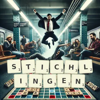 Kreative Illustration für ein Scrabble-Spiel, bei dem das Wort STICHLINGEN mit Steinen auf dem Brett gelegt wurde.