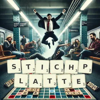 Kreative Illustration für ein Scrabble-Spiel, bei dem das Wort STICHPLATTE mit Steinen auf dem Brett gelegt wurde.