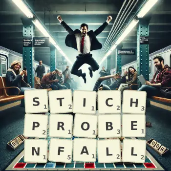 Kreative Illustration für ein Scrabble-Spiel, bei dem das Wort STICHPROBENFALL mit Steinen auf dem Brett gelegt wurde.