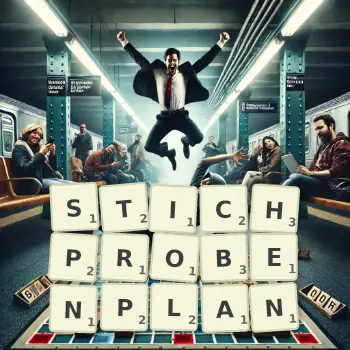 Kreative Illustration für ein Scrabble-Spiel, bei dem das Wort STICHPROBENPLAN mit Steinen auf dem Brett gelegt wurde.