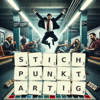 Kreative Illustration für ein Scrabble-Spiel, bei dem das Wort STICHPUNKTARTIG mit Steinen auf dem Brett gelegt wurde.