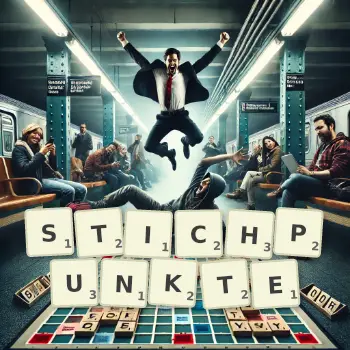 Kreative Illustration für ein Scrabble-Spiel, bei dem das Wort STICHPUNKTE mit Steinen auf dem Brett gelegt wurde.