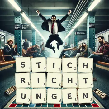 Kreative Illustration für ein Scrabble-Spiel, bei dem das Wort STICHRICHTUNGEN mit Steinen auf dem Brett gelegt wurde.