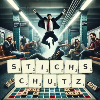 Kreative Illustration für ein Scrabble-Spiel, bei dem das Wort STICHSCHUTZ mit Steinen auf dem Brett gelegt wurde.
