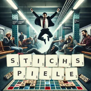 Kreative Illustration für ein Scrabble-Spiel, bei dem das Wort STICHSPIELE mit Steinen auf dem Brett gelegt wurde.