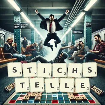 Kreative Illustration für ein Scrabble-Spiel, bei dem das Wort STICHSTELLE mit Steinen auf dem Brett gelegt wurde.