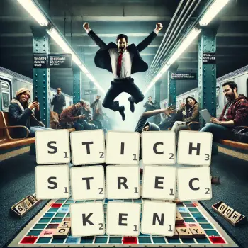 Kreative Illustration für ein Scrabble-Spiel, bei dem das Wort STICHSTRECKEN mit Steinen auf dem Brett gelegt wurde.