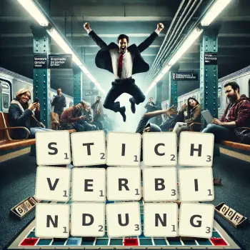 Kreative Illustration für ein Scrabble-Spiel, bei dem das Wort STICHVERBINDUNG mit Steinen auf dem Brett gelegt wurde.
