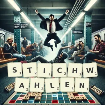 Kreative Illustration für ein Scrabble-Spiel, bei dem das Wort STICHWAHLEN mit Steinen auf dem Brett gelegt wurde.
