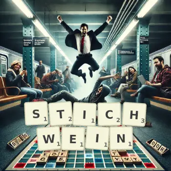 Kreative Illustration für ein Scrabble-Spiel, bei dem das Wort STICHWEIN mit Steinen auf dem Brett gelegt wurde.