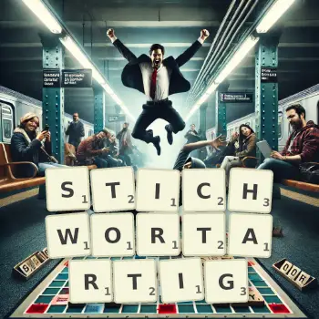 Kreative Illustration für ein Scrabble-Spiel, bei dem das Wort STICHWORTARTIG mit Steinen auf dem Brett gelegt wurde.
