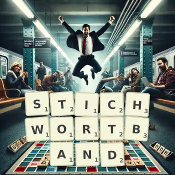Kreative Illustration für ein Scrabble-Spiel, bei dem das Wort STICHWORTBAND mit Steinen auf dem Brett gelegt wurde.