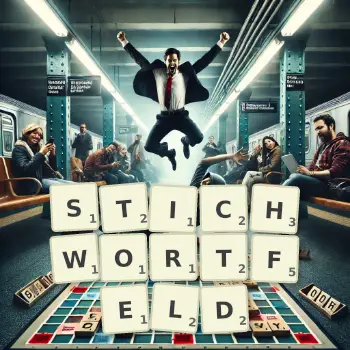 Kreative Illustration für ein Scrabble-Spiel, bei dem das Wort STICHWORTFELD mit Steinen auf dem Brett gelegt wurde.